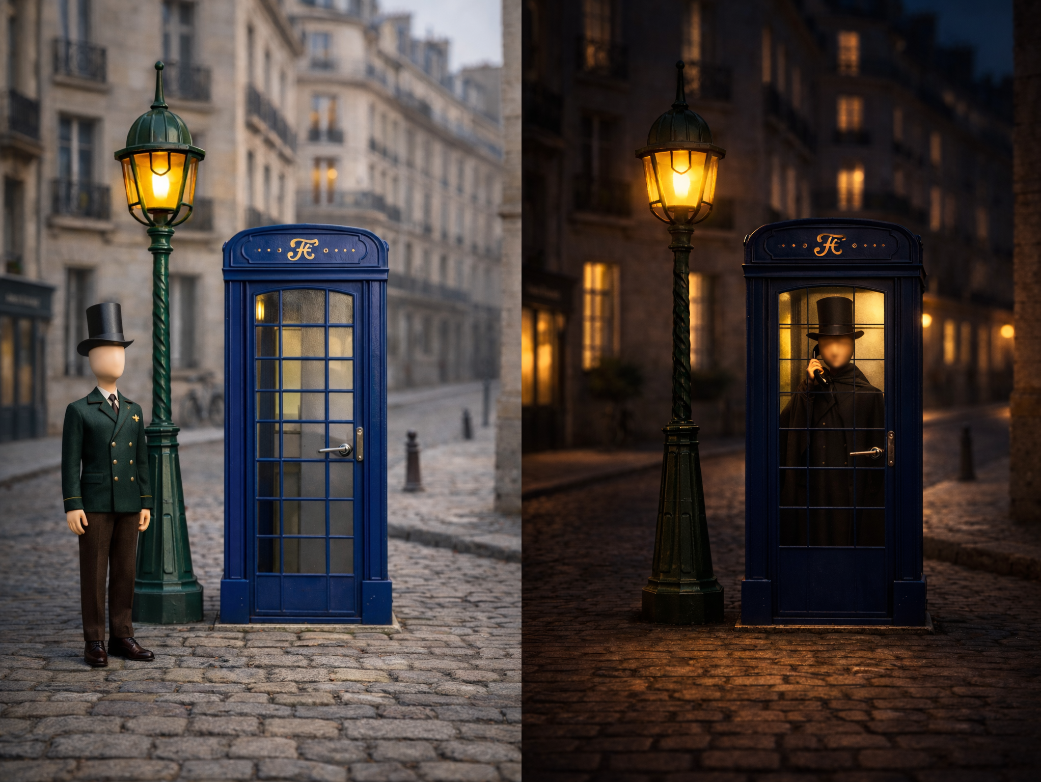 une cabine téléphonique le jour et la nuit